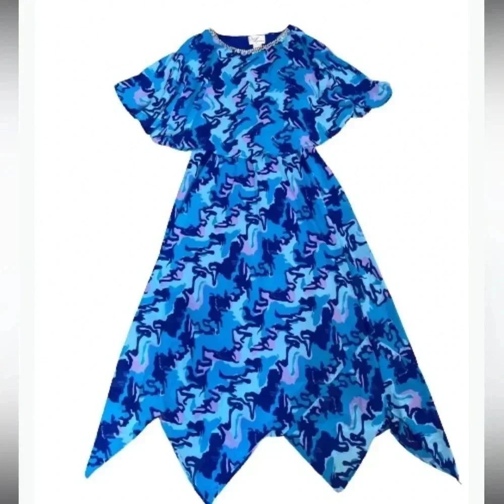 Ey Signature Dress Vintage Blue Print Cape Style Layered V Cut Hem Size‎ Medium